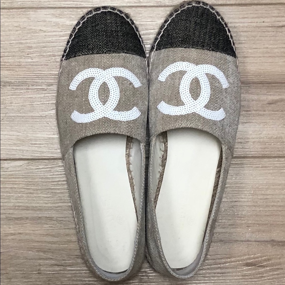 CHANEL Canvas Espadrilles w/White Sequin Logo